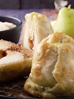 Puff Pastry Cinnamon Baked Pears on a plate.