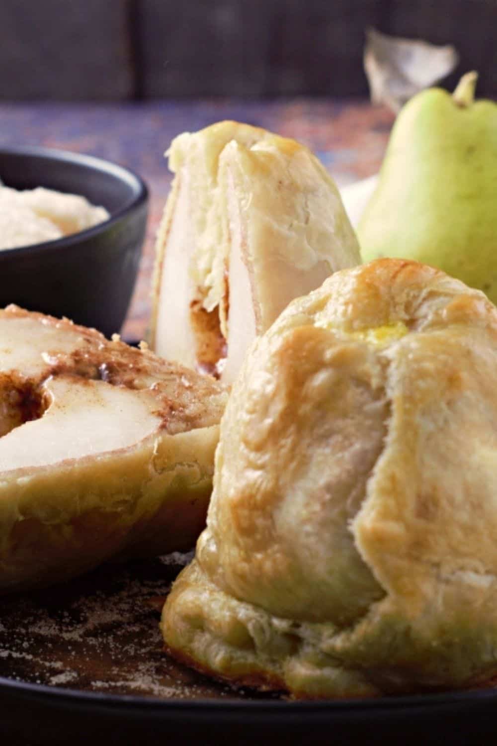 Puff Pastry Cinnamon Baked Pears on a plate.