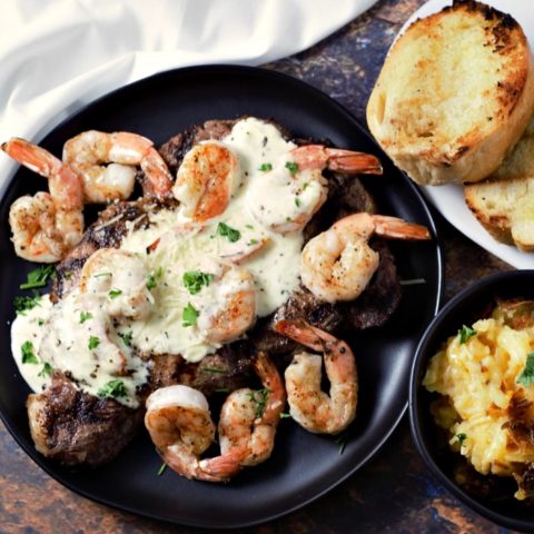 Ribeye Steak and Shrimp with Parmesan Sauce serves 2