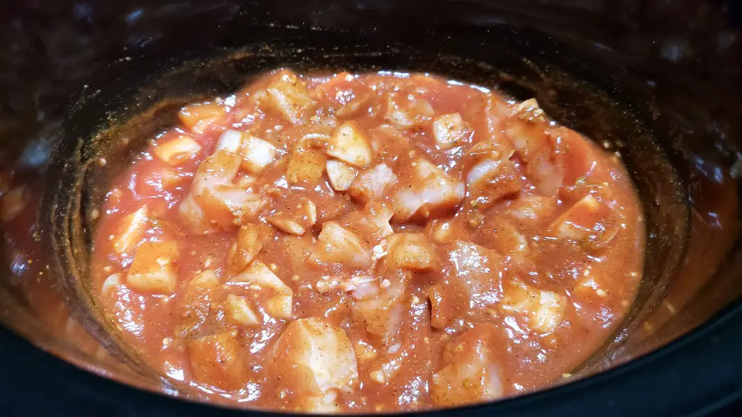 chicken tikka masala in a slow cooker crock pot.