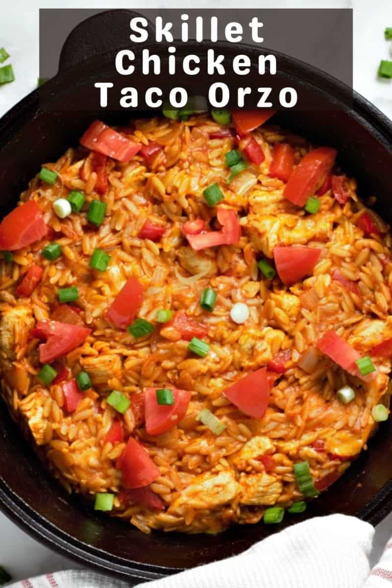 Chicken Taco Orzo in a cast iron skillet.