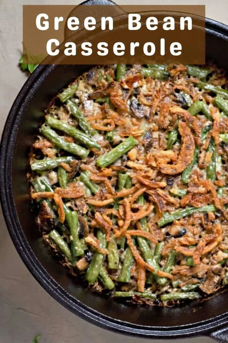 a graphic of Easy Green Bean Casserole for Two.
