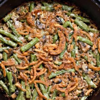 Green Bean Casserole in a cast iron skillet.