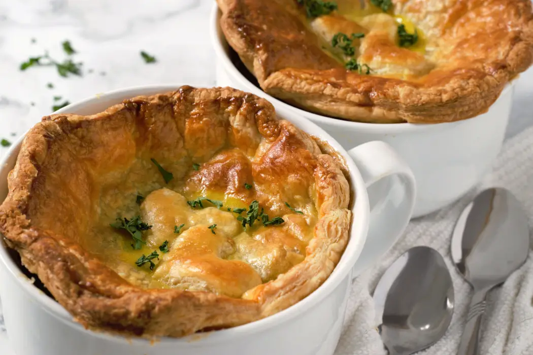 two individual beef pot pies with puff pastry tops and two spoons