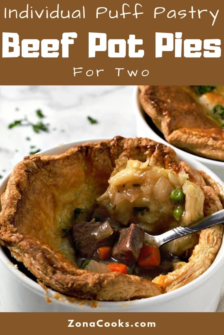 a graphic of Individual Puff Pastry Beef Pot Pies Recipe for Two