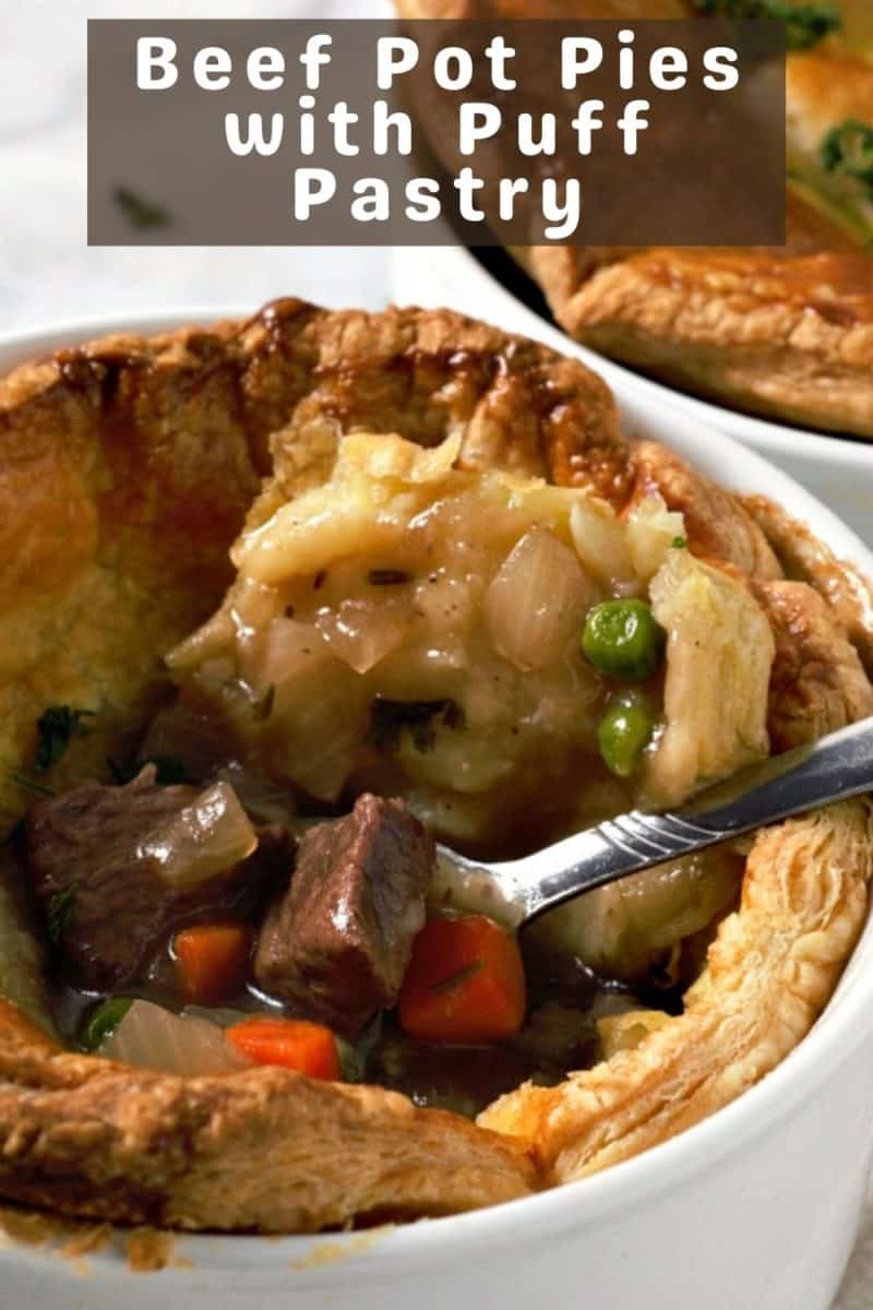 an Individual Puff Pastry Beef Pot Pie in a baking dish.