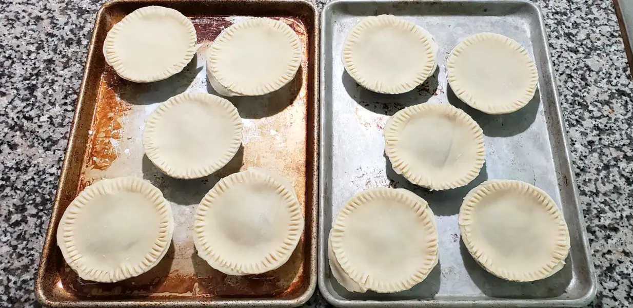 10 mini pies in foil tins with top crust added and seams press with fork marks