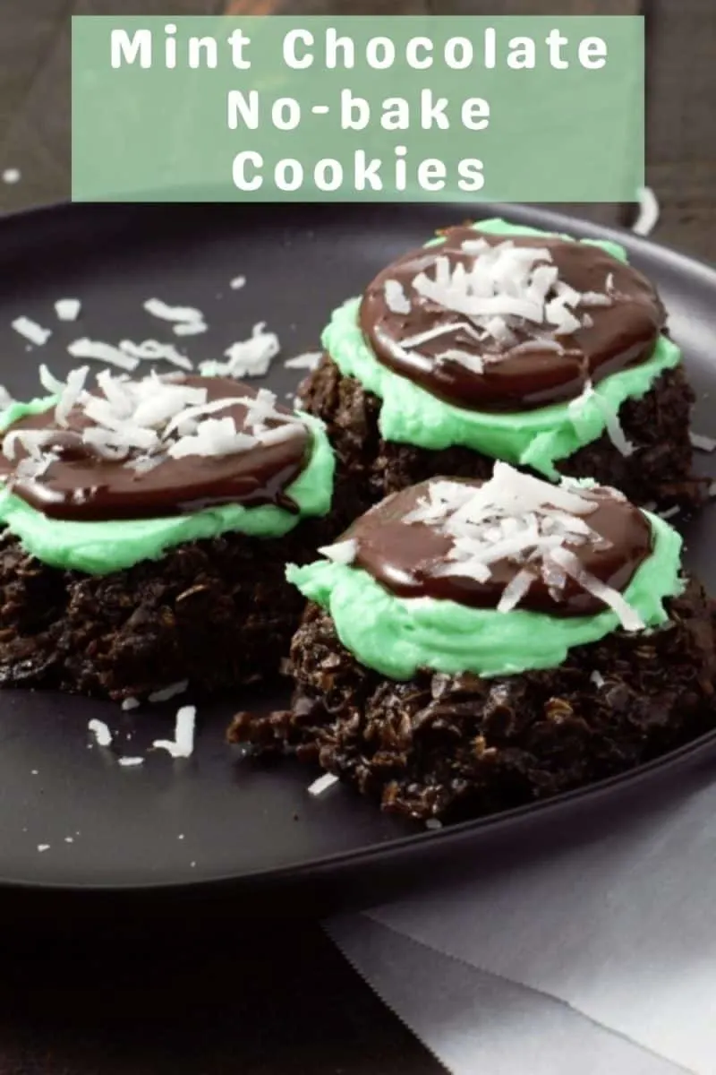 3 Mint Chocolate No-bake Cookies on a plate.