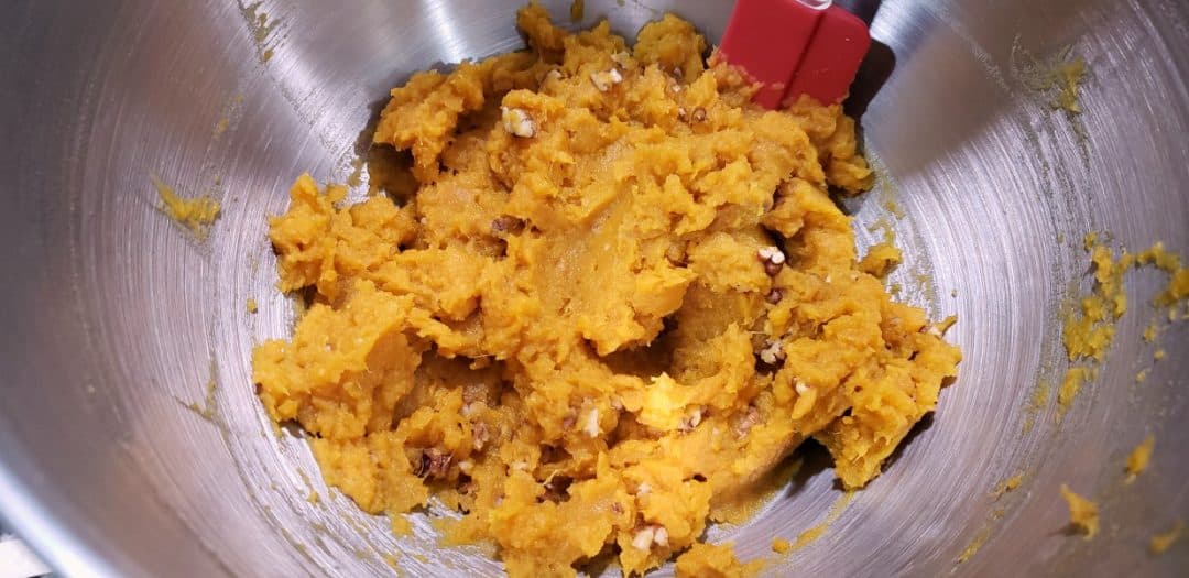 pecans folded in to mashed sweet potatoes