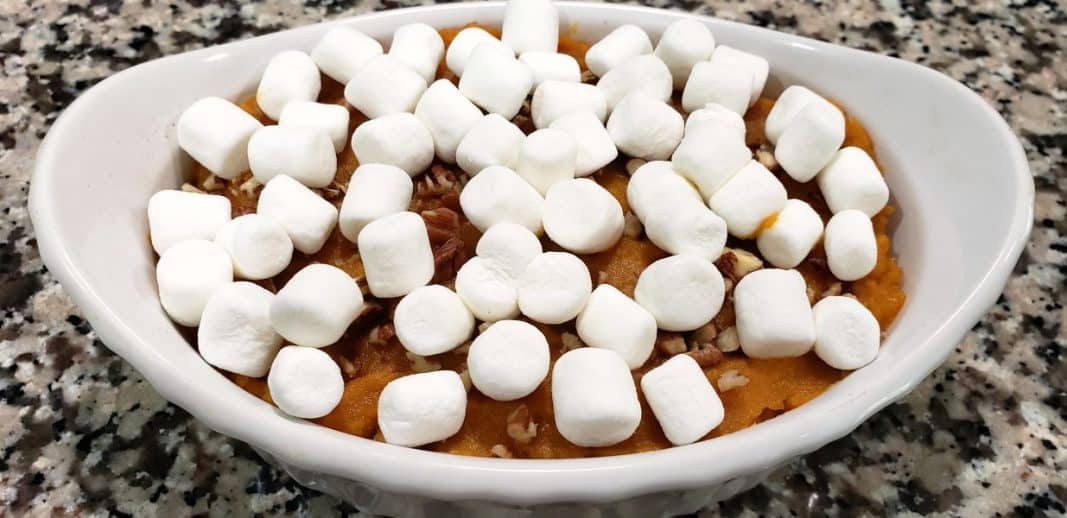 marshmallows on top of sweet potato casserole.