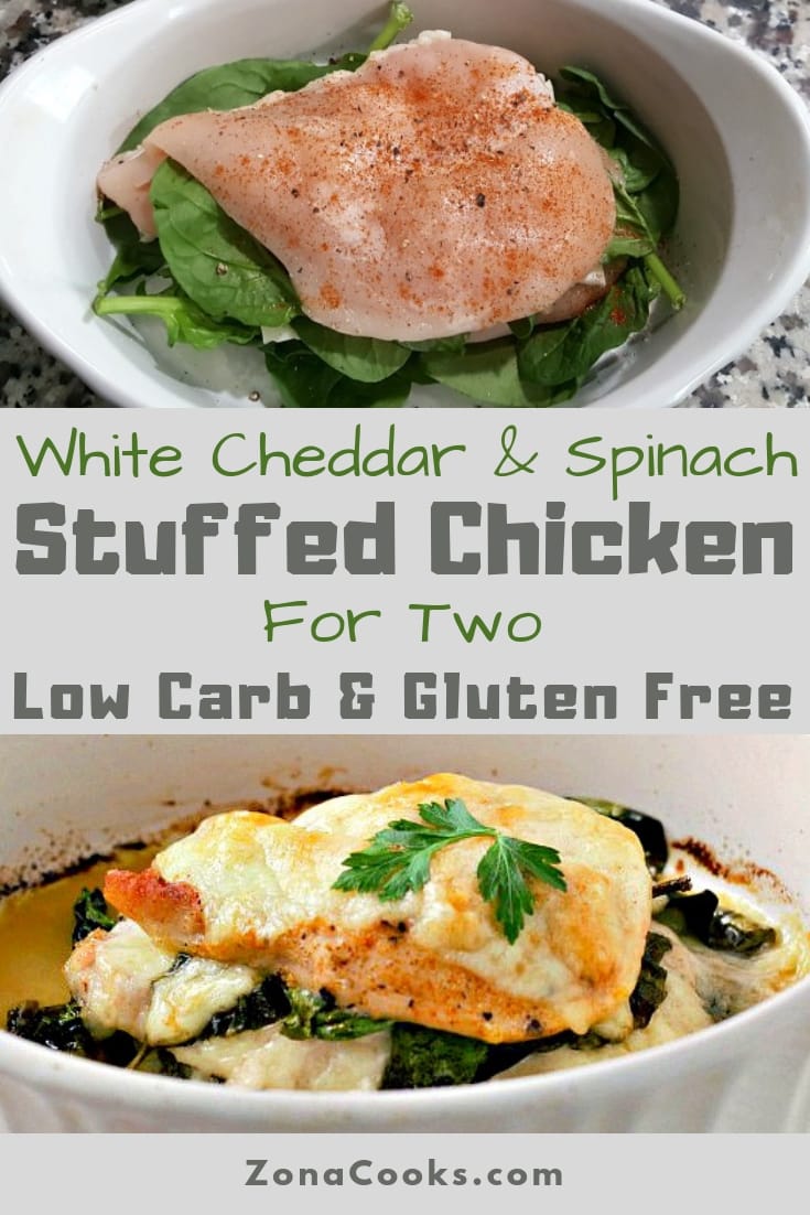 a graphic of Cheesy Spinach Stuffed Chicken Recipe for Two.