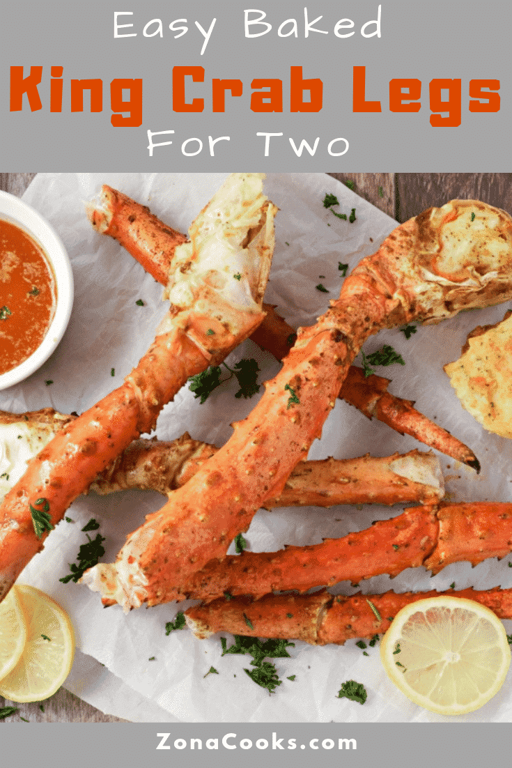 a graphic of Easy Baked Crab Legs and Garlic Butter Dipping Sauce Recipe for Two
