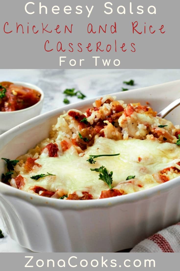 a graphic of Cheesy Salsa Chicken and Rice Casserole Recipe for Two