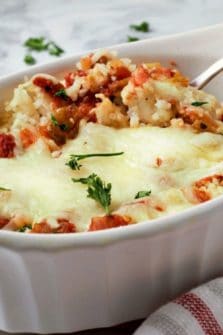 Cheesy Salsa Chicken and Rice Casserole in a baking dish.