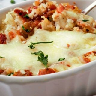 Cheesy Salsa Chicken and Rice Casserole in a baking dish.