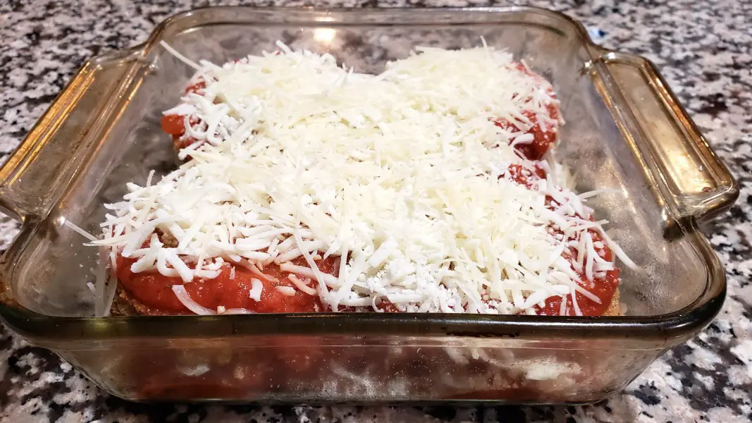 eggplant parmesan for two in a casserole baking dish