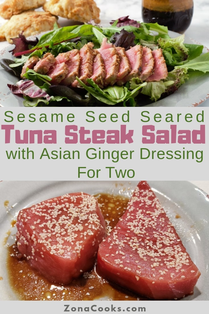 a graphic of Sesame Seed Tuna Steak Salad with Asian Ginger Dressing Recipe for Two