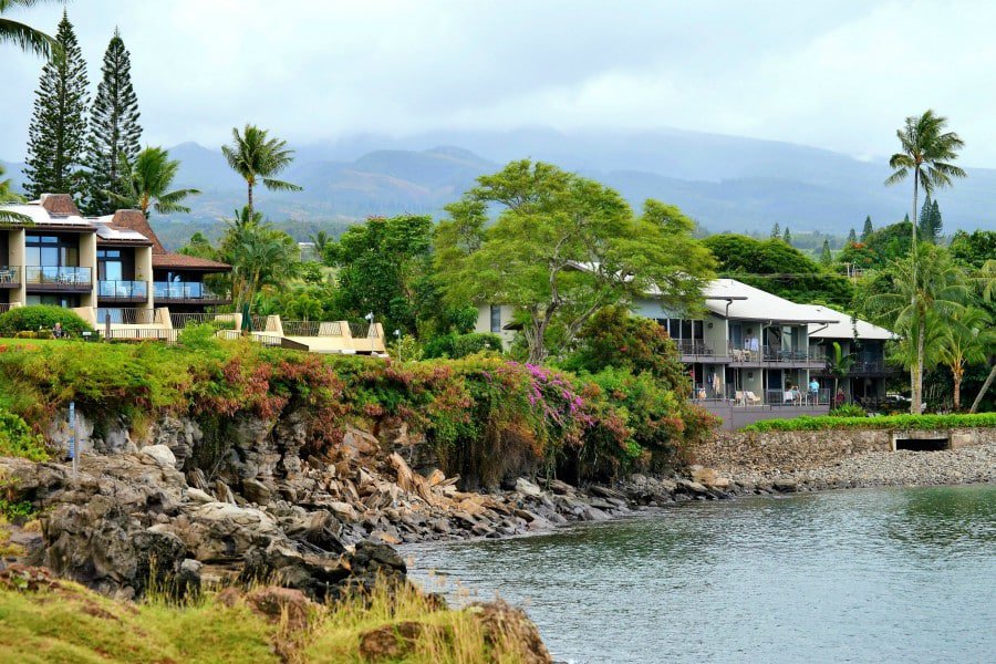 condos on a cliff side next to a bay