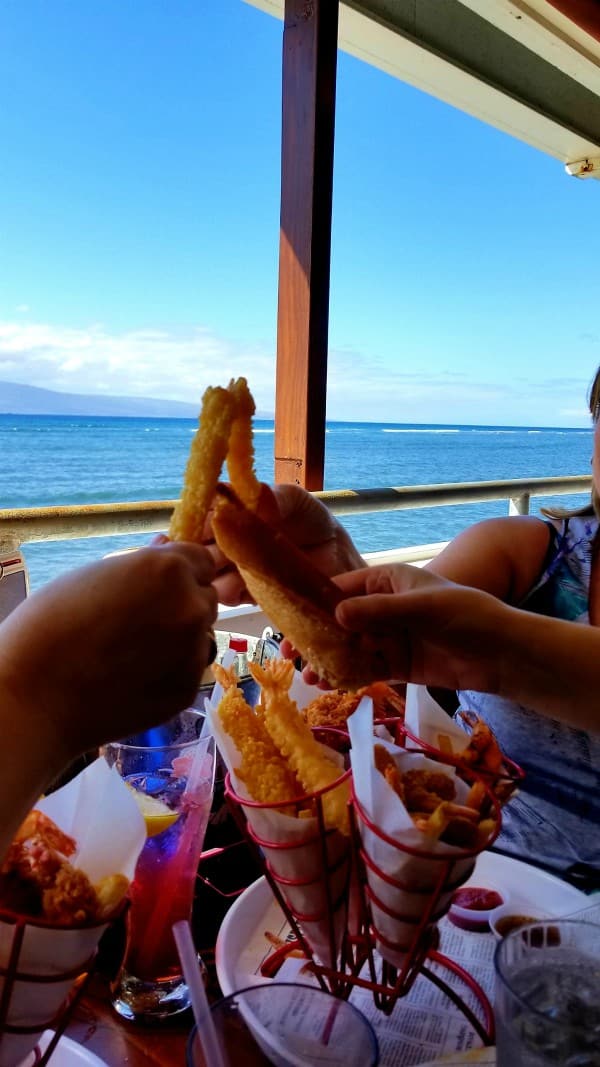 toasting with tempura shrimp at Bubba Gump Shrimp Co.