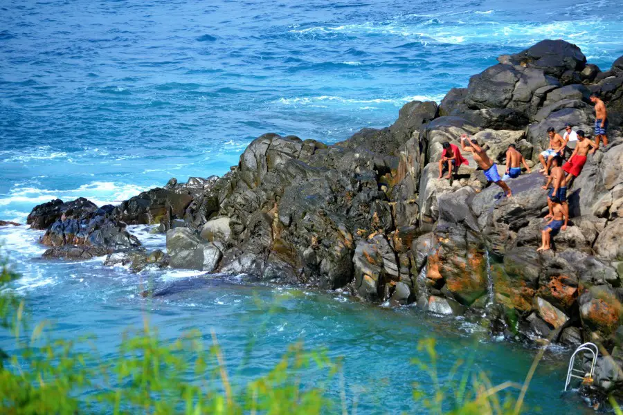local cliff divers up high on a cliff jumping into the ocean
