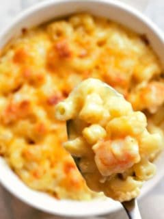Baked Shrimp Macaroni and Cheese in a bowl with a spoon lifting some out.