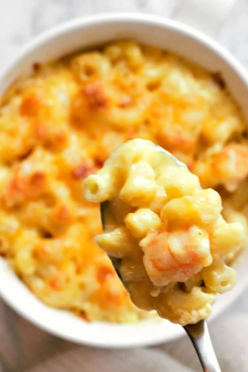 Baked Shrimp Macaroni and Cheese in a bowl with a spoon lifting some out.