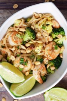 Shrimp Pad Thai in an oval bowl.