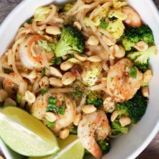 Shrimp Pad Thai in an oval bowl.