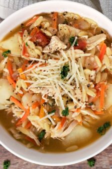 Tuscan Orzo Chicken Soup in a bowl.