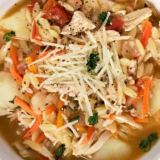 Tuscan Orzo Chicken Soup in a bowl.