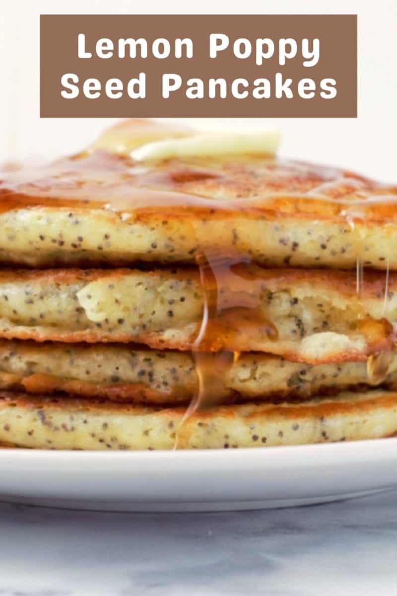a stack of four Lemon Poppy Seed Pancakes on a plate.