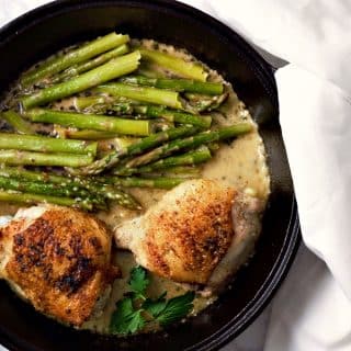 Skillet Chicken Thighs and Creamy Asparagus serves 2