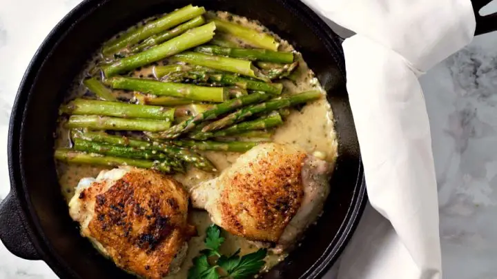 Skillet Chicken Thighs and Creamy Asparagus serves 2