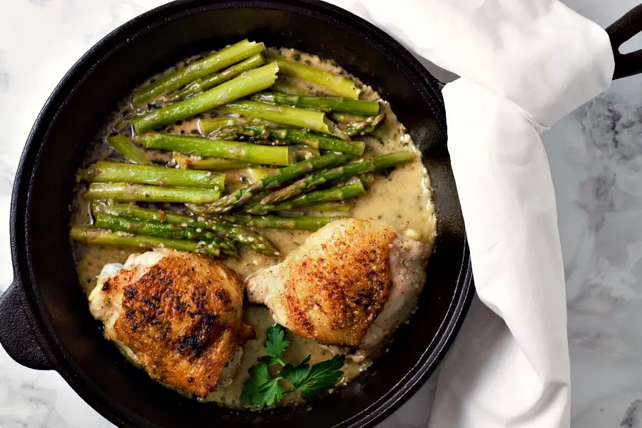 Creamy Chicken and Asparagus in a cast iron Skillet
