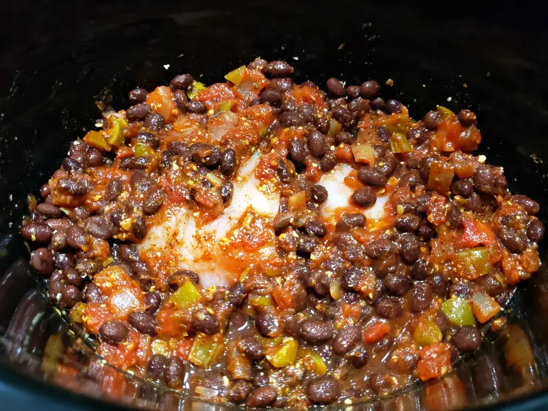 chicken, black beans, salsa and seasonings in a crockpot slow cooker