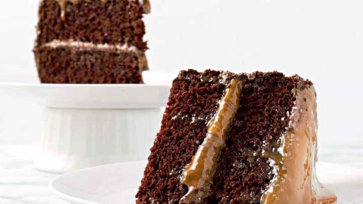 two slices of salted caramel chocolate cake