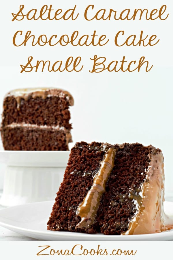 a graphic with Two slices of Salted Caramel Chocolate Cake Small Batch
