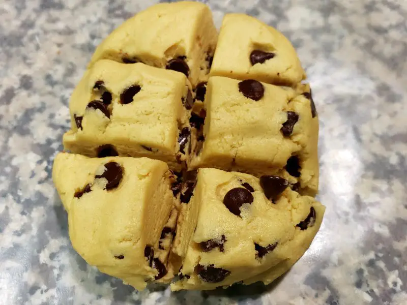 best soft batch chocolate chip cookie dough divided into 6 equal portions