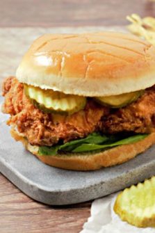 Crispy Fried Chicken Sandwich on a cutting board.