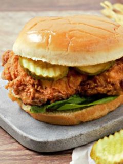 Crispy Fried Chicken Sandwich on a cutting board.