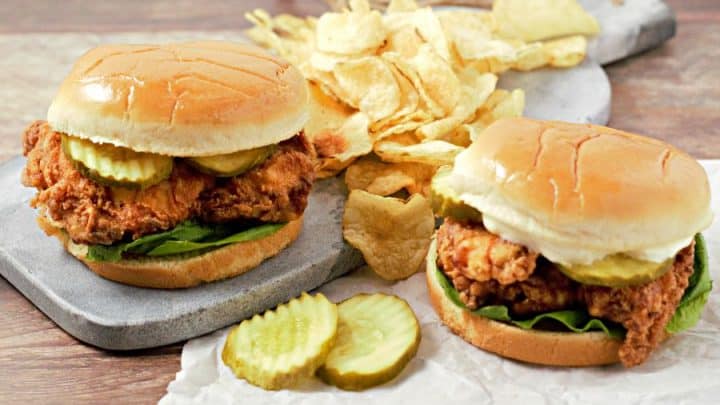 Easy Crispy Fried Chicken Sandwiches and chips
