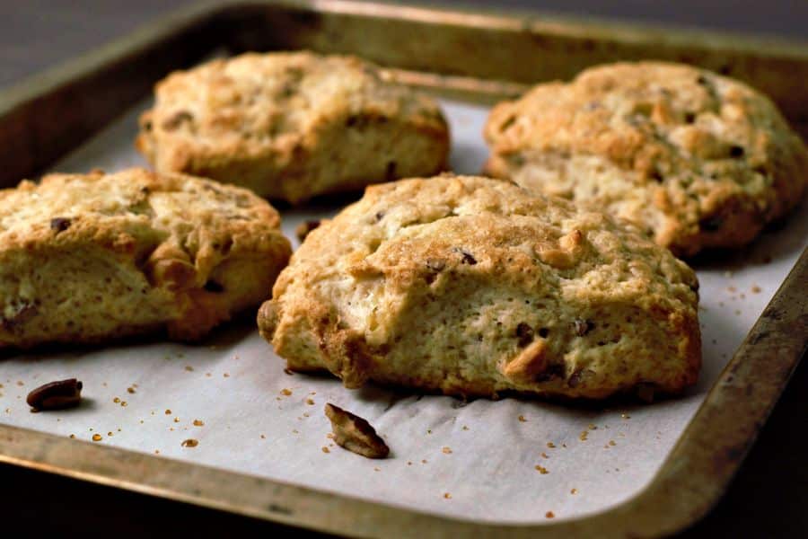 4 Butter Pecan White Chocolate Scones Small Batch for two on a tray