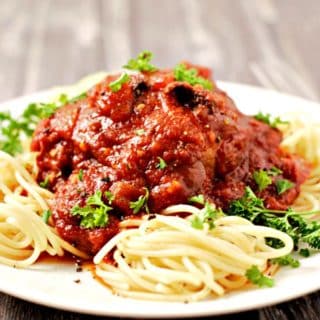 Slow Cooker Chicken Cacciatore and Spaghetti on a plate