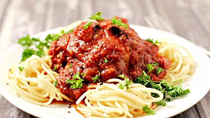 Slow Cooker Chicken Cacciatore and Spaghetti on a plate