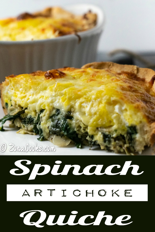 slice of spinach and artichoke quiche on a plate.
