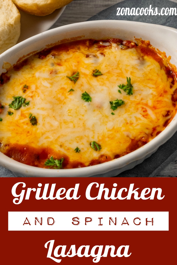 chicken spinach lasagna in a baking dish.