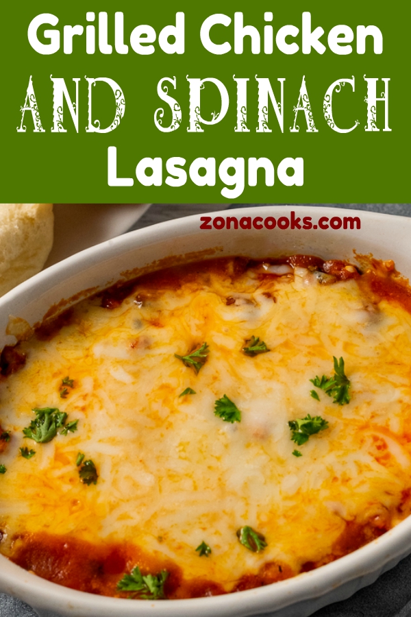 chicken spinach lasagna in a baking dish.