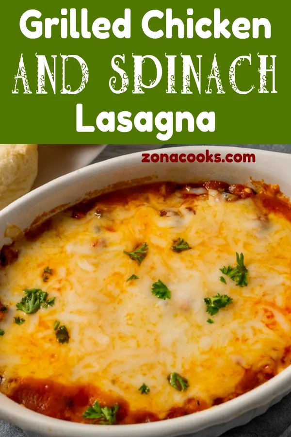 chicken spinach lasagna in a baking dish.