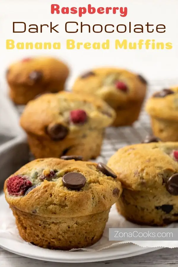 Banana Raspberry Chocolate Chip Muffins on a plate.