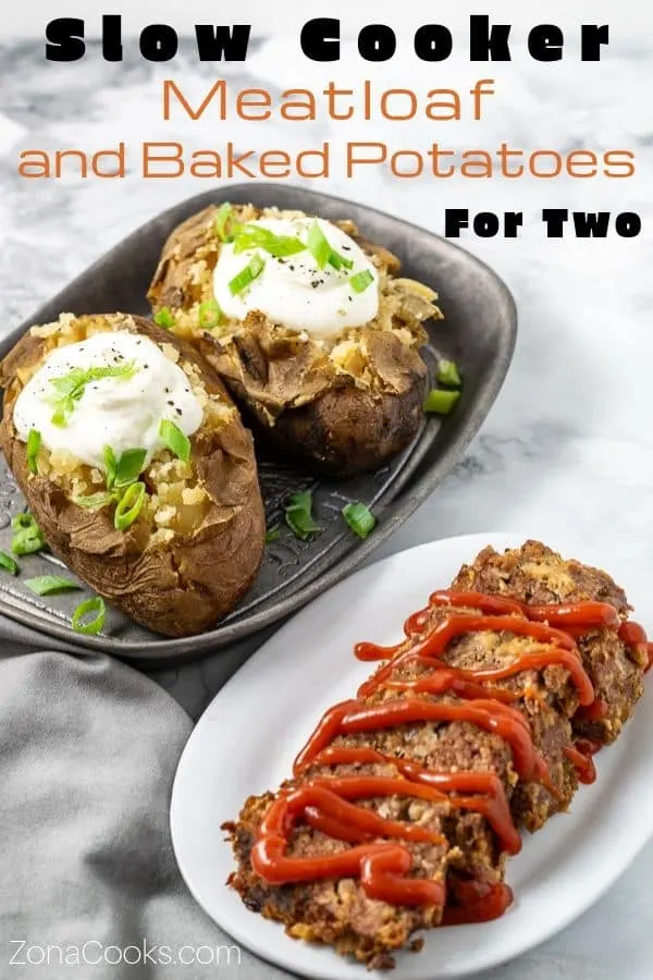 slow cooker Meatloaf with Potatoes for two on a plate and tray.